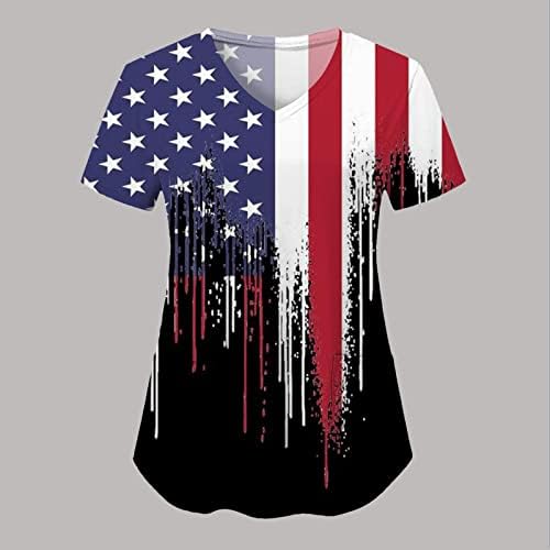 Ризи 4 Юли за Жени с Флага на САЩ, Лятна Тениска с Къс Ръкав и V-образно Деколте и 2 Джобове, Блуза, Топ, Празнична Ежедневни работни Дрехи