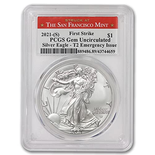 2021 (И) 1 унция на американския скъпоценен камък Silver Eagle в необращенном вид (тип 2 - T-2 - Първия удар - Пусната от монетния двор в Сан Франциско- Спешно издаване) от CoinFolio з?