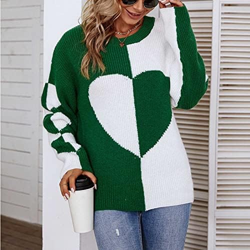 Пуловер Oplxuo за Жени, Всекидневни Пуловер с Кръгло Деколте и Дълги Ръкави във формата на Сърце, Пуловер с Цветен Блок,