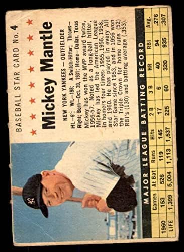 1961 Post Cereal 4 COM Мики Мэнтл Ню Йорк Янкис (Бейзболна картичка) (перфорирана) ДОБРИ Янкис