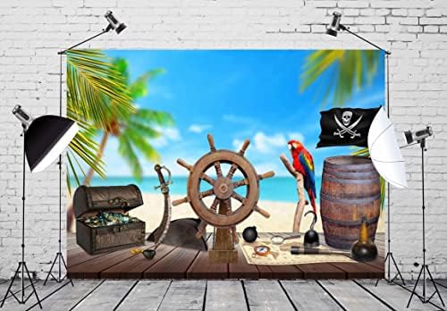 BELECO 7x5ft Текстилен Пират Фон за Снимки на Плажа Пиратски Кораб Дървен Волан Карта на Съкровище в Ковчег За Бижута Бъчва Фон с Папагала е Декор за Пиратски Партита за ?