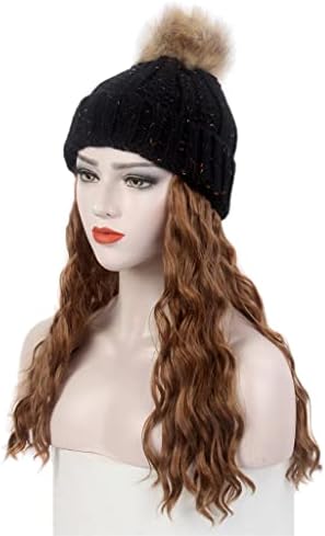 Модерна дамска шапка за коса SCDZS, една черна вязаная шапка, перука, дълга къдрава кафява перука и една шапка