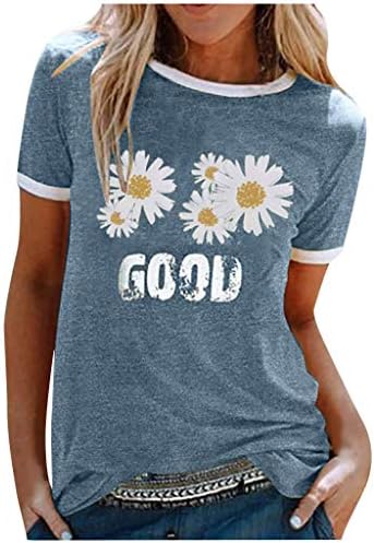 Тениска за жени, Модни Летни блузи с флорални принтом Маргаритки, Ежедневни Тениски с къс ръкав и кръгло деколте, Свободна блуза-туника (Тениска #01A-Син, XXL)