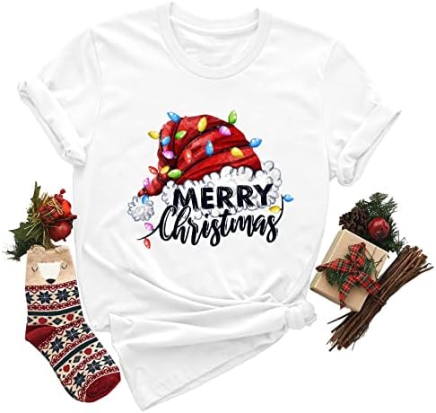 Коледна Тениска Оверсайз, Дамски Коледна тениска С кръгло деколте и Къс Ръкав, Потници, Блузи, Тениски, Забавни Тениски За Бягане