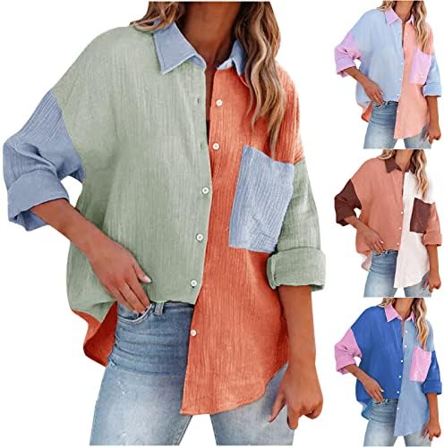Дамски Модни Риза с копчета, Ежедневни Ризи Гадже с дълъг ръкав Контрастни Върхове с цветни Блокчета, V-образно деколте
