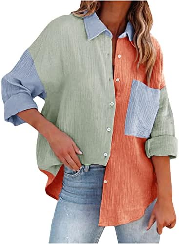 Дамски Модни Риза с копчета, Ежедневни Ризи Гадже с дълъг ръкав Контрастни Върхове с цветни Блокчета, V-образно деколте