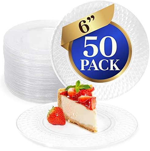 Рели. 50 Броя Пластмасови Десертни чинии за Еднократна употреба (6 инча, Прозрачни чинии)| Малки Пластмасови Чинии за