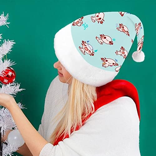Сладък Аксолотль Забавна Коледна Шапка на Дядо Коледа Шапки и Къси Плюшени с Бели Ръкавели за Коледното Празнично Парти