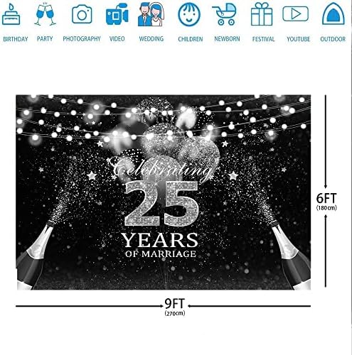Ticuenicoa 9x6 фута Фон за празнуване на 25-годишнината от брака Черни и Сребърни балони с 25-годишнината Декори Писма