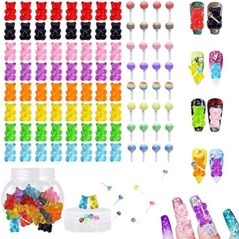 Амулети за нокти ouy Gummy Bear - 8 цвята мармеладных мечета от смола за нокти (по 10 броя от цвят) и 37 конфетных на