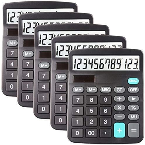 5 Опаковки Калкулатори, Голям дисплей за часа, Слънчев калкулатор, Основен офис калкулатор с 12 цифри и голям бутон (черен)