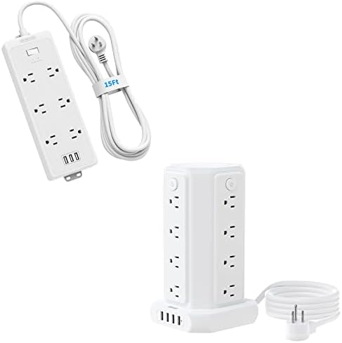 10-Крак удължителен кабел Power Strip Tower и 15-крак мрежов филтър с комплект USB портове, Удължител NTONPOWER с плоска