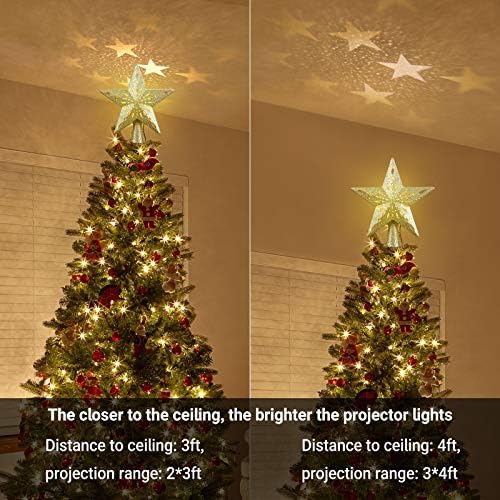 Украсени с Кристали Topper за Коледната елха с Топъл Бял Звездна прожектор, 3D Блестящ Topper за Коледната Елха с Куха Златна Звезда, Прожекционни и Led светлини за Коледнот