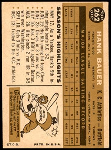 1960 Topps 262 Ханк Бауер от Канзас Сити Атлетикс (Бейзболна картичка) EX/MT Athletics