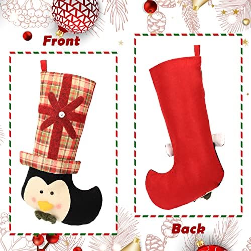 Коледни чорапи Easfan, Комплект от 3 коледни отглеждане в клетка от груб конопен плат с фигура на Дядо Коледа, Снежен