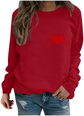 Oplxuo Дамски Hoody Love Heart С Деня на Свети Валентин, Ризи, Блузи С Цветен Модел, Блуза, Тениска, Пуловер с Кръгло