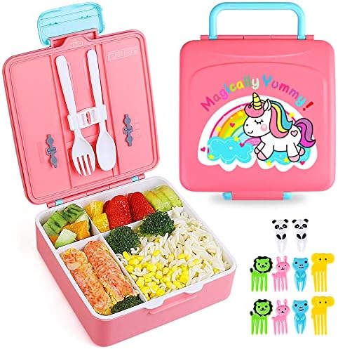 Bento Lunch Box Kids За деца, Ланчбокс с 4 отделения, лъжица, вилица и парченца плодове, Розови Контейнери за момичета,