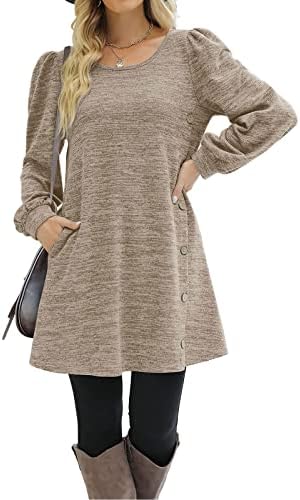 NOKMOPO Рокля-пуловер за Жени, една модерна Женствена Рокля с кръгло деколте, Однотонное Обличам Копчета и Дълъг Ръкав,