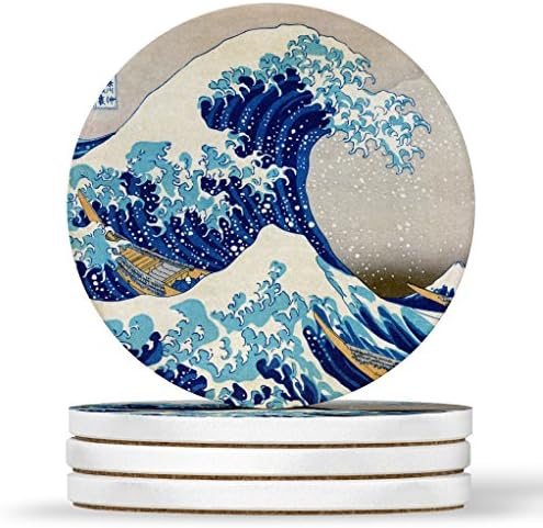 Дизайн Great Wave Off Kanagawa - Кръгли Подложки от естествен пясъчник - Комплект от 4