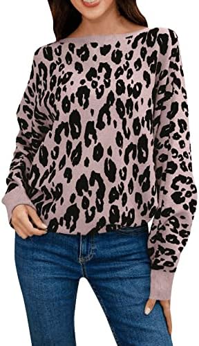 Дамски Пуловери от Кашмир С Леопардовым Принтом, Свободен Пуловер с един деколте и дълъг ръкав Прилеп, Вязаный Пуловер,