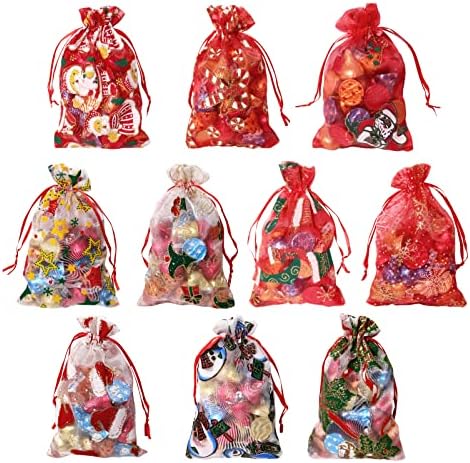YHJZ 50 бр. Коледни Торбички от органза, Подаръчни пакети с прозрачен шнурком с Размери 4x6 инча, Чанти и калъфи за бижута