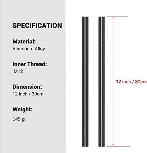 Hityeneed 2 броя Черен прът, 15 мм и 12 инча 300 мм, с резба M12 Стандартни алуминиеви пръти, съвместими с отправни плочи