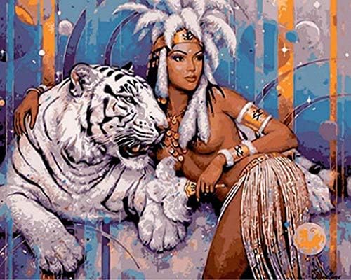 Клеопатра и Бял Тигър, Ръчно Рисувани, Платно за бродиране A00688 (14CT Mono Deluxe, 20 X 24)
