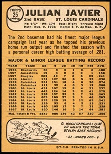 1968 Topps 25 Юлиан Хавиер Сейнт Луис Кардиналс (бейзболна карта) в Ню Йорк Кардиналс
