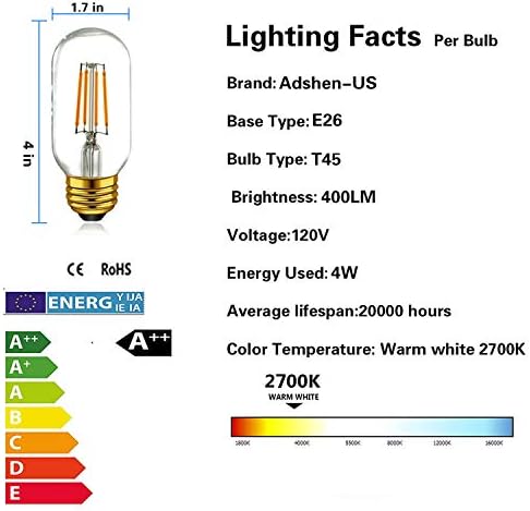 Adshen-US T14/ T45 Led тръбна лампа 4 W 2700 Към Топлия бял цвят, реколта лампа E26 с регулируема яркост, 40 W Еквивалент