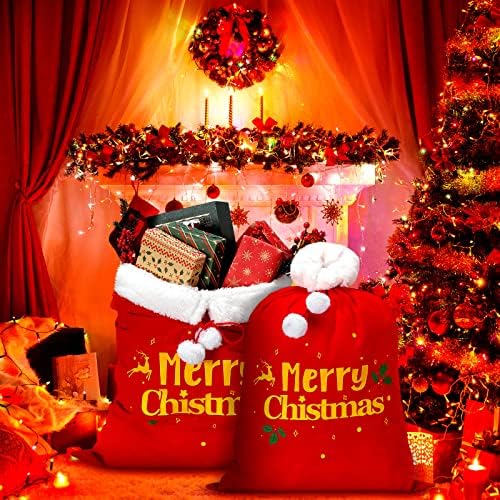 2 Бр. Коледни Червени Кадифени торбички Дядо Коледа с шнурком на съвсем малък, Много Голяма Червена Кадифена чанта на