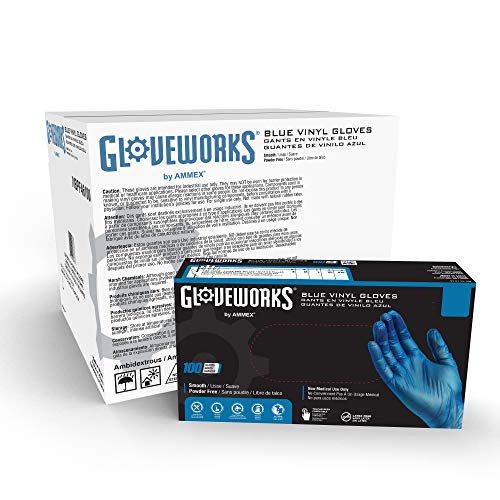 Промишлени ръкавици GLOVEWORKS Сини Винил, в опаковка от 1000 броя, 3 Mils, Голям размер, и Без латекс, Прах, Безопасни