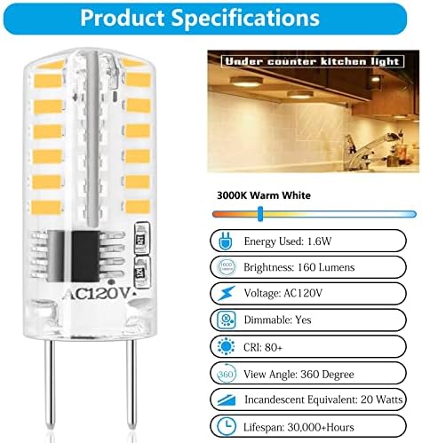 Led лампи Aruigu G8 1,6 W (еквивалент на халогенни лампи по 20 W) 3000 До топло бял цвят, 2-за контакти основа тип T4,