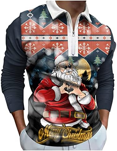 XXBR Коледни Мъжки Ризи Поло С Дълъг Ръкав И яка с цип, Дизайнерски Блузи, Забавна Коледна Риза За Голф С Принтом на