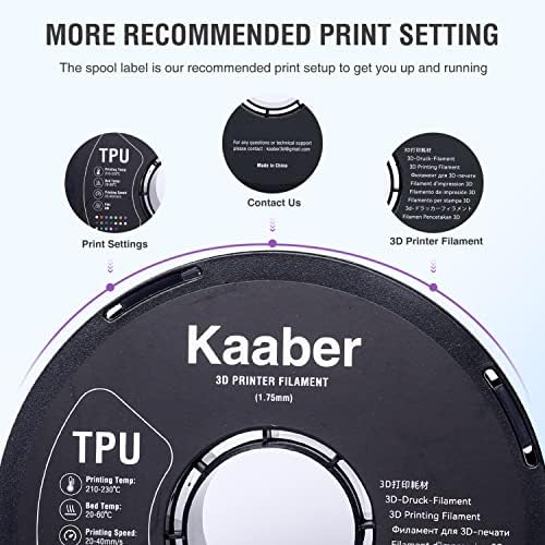 Гъвкав материал за 3D-принтер Kaaber от TPU, черна нишка от TPU 1,75 мм 1 кг, точност на размерите +/- 0,03 мм, твърдост