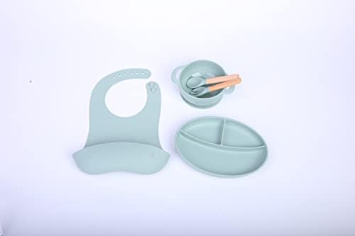 Комплект за хранене S & M за деца - силиконов комплект от 5 теми - включва лигавник, присоску, чиния, вилица и лъжица