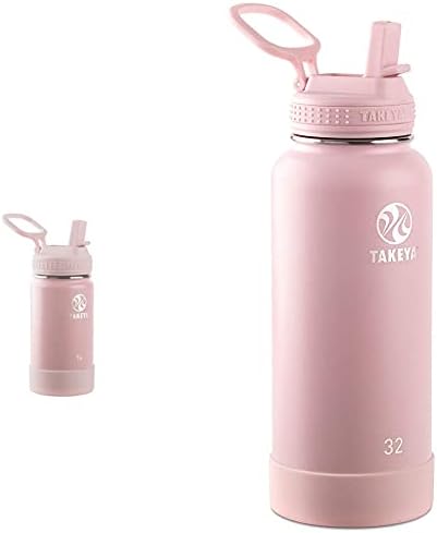 Takeya Actives Детска Изолирано бутилка за вода от неръждаема Стомана със сламен капак, 14 Грама, Blush & Actives Изолирано