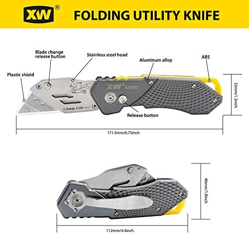Сгъваем универсален нож XW, Тежкотоварни нож за рязане на кутии с клип за колан, Быстросменные острие, дръжка от анодизиран