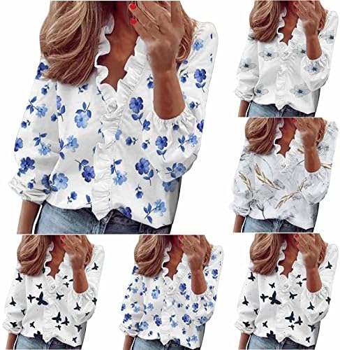 Графични Тениски за жени с Дълъг ръкав - Дамски Ежедневни Блузи с V-образно деколте И Волани, широки Ризи, Блузи, Тениски