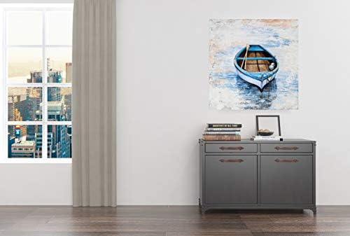 YHSKY ARTS Крайбрежен Платно Стенен Декор Ръчно Рисувани Светло Синьо Ветроходна Лодка Квадратни Картини на Модерни Абстрактни