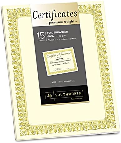 Сертификати Southworth Ctp1v Premium цвят Слонова Кост, с Кант от Златно Фолио 66 Килограма 8.5 X 11 15 / Опаковка