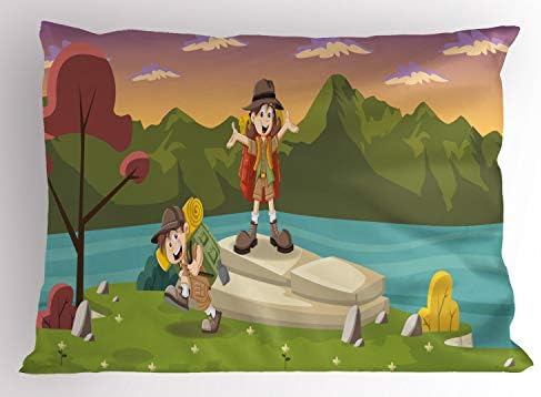 Ярката Калъфка Ambesonne, Cartoony карикатура най-Добрите приятели тръгват в поход към езерото, играят, веселят Се, Изследовател