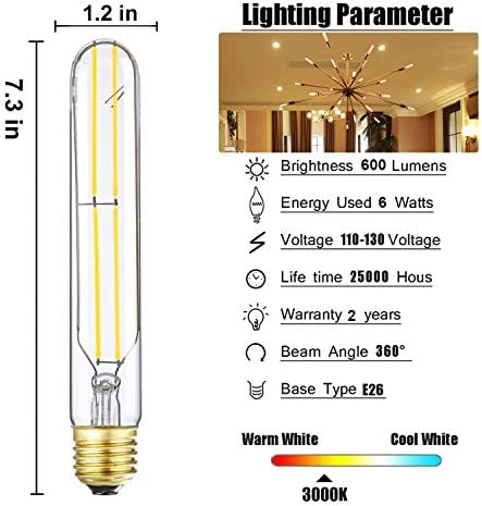 Led лампа T10, Led тръбна лампа с мощност 6 Вата, с регулируема яркост, мек бял 3000 До, еквивалент на лампи с нажежаема