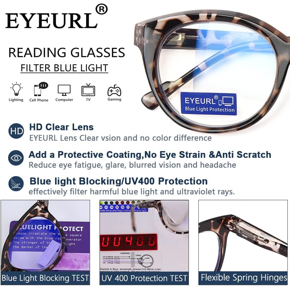 EYEURL 4 Опаковки Очила за четене, за Жени, Мъже, Реколта Очила За Четене, Анти-Синя Светлина, Блокиране на Компютърни Очила за Четене