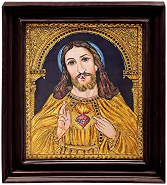 Екзотична Индийска живопис 12 x 14Исус Христос Танджор | Традиционните Цветове С 24-Каратово злато | Рамка от Тиково