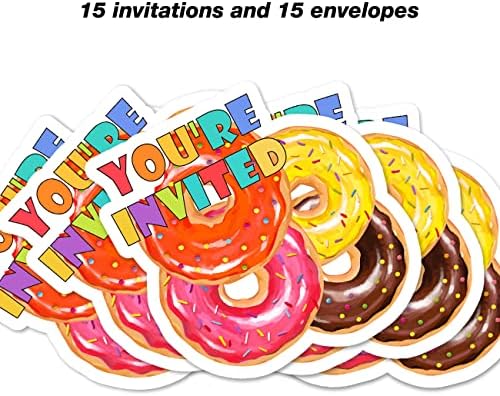 Покани за парти под формата на сладки понички за рожден Ден, Комплект от 15 Използваеми Покани с Конвертами, Цветни Покани